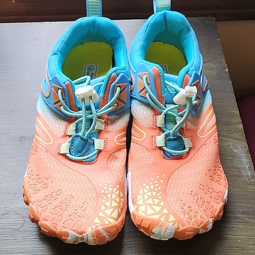 Vibrant Orange and Blue Athletic Water Shoes Run Big